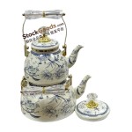 Enamel Teapot & Enamel Kettle Set with Golden Bail Handle, Golden Rim & Golden Knob, Multiple Patterns Available